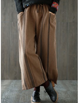 Vintage Stripe Splited Wide Leg Women Pants