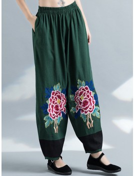 Vintage Embroidery Elastic Waist Women Wide Leg Pants