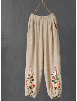 Vintage Embroidery Elastic Waist Frog Button Pants For Women