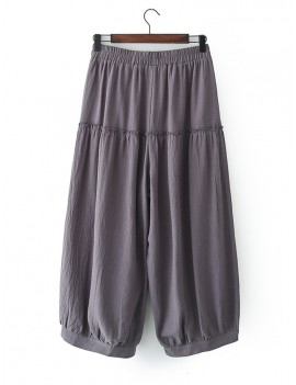 Women Casual Pleated Solid Color Elastic Waist Wide leg Pants