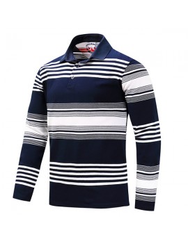 Mens Fashion Stripe Color Long Sleeve Lapel Collar Cotton Casual Golf Shirt