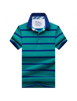 Mens Summer Casual Business Slim Fit Striped Cotton Turn-down Collar Golf Shirt