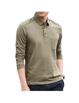 Mens Fall Brief Solid Color Turn-down Collar Long Sleeve Casual Polo Shirt