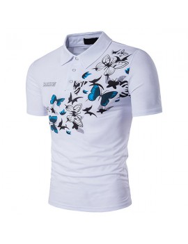 Mens Summer Butterfly Printed Short Sleeve Turn-down Collar Casual Golf Shirts
